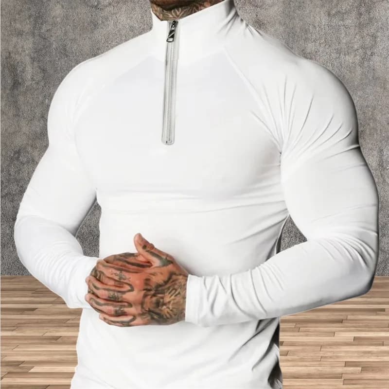 Men's tight t-shirt for gym, running, exercise, long sleeve elastic sweatshirt with half zip, high neck, fitness top, compression sports shirt