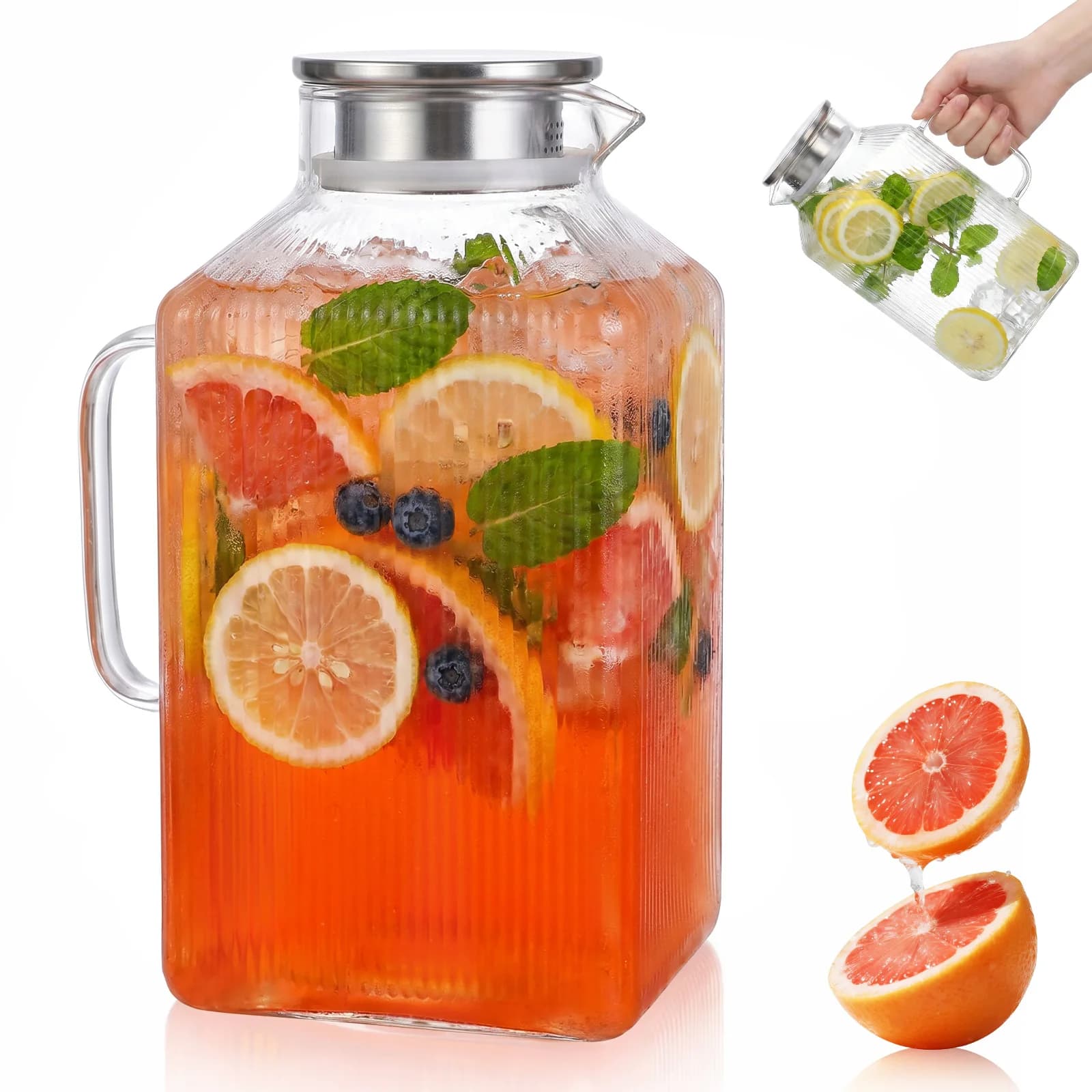 1 Gallon Square Glass Pitcher with Lid and Cleaning Brush Thickened Borosilicate Glass Carafe for Hot/Cold Drink for Iced Tea