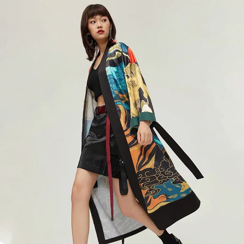 European and American Fashion Coached Retro Tiger Print Kimono Mid Length Cardigan Haori Summer Jacket Plus Size Beach Holiday Style Full Costume Cover-Up Solar Protection