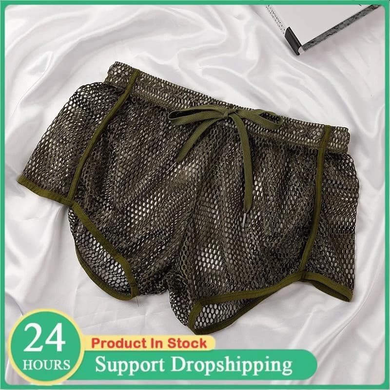 Men's Arrow Pants Sexy Hollow-out Breathable Cool Boxer Briefs Casual Home Shorts Summer Men's Transparent Loose Mesh Underpants