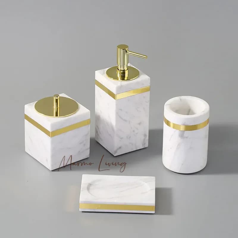Volakas Set da bagno in marmo naturale bianco Dispenser di sapone di lusso Portasapone Set da bagno Accessori da bagno dorati