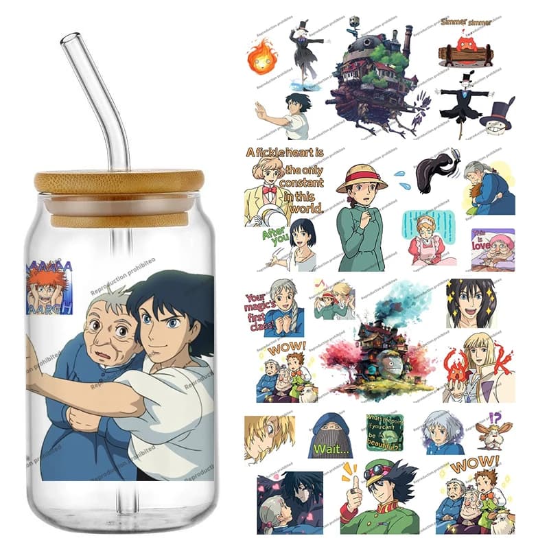 Adesivi per Tazze UV DTF da 16oz dell'Anime Giapponese Il Castello Animato di Howl, Decorazioni per Tazze, Lattine di Birra, Bottiglie, Motivi Personalizzati