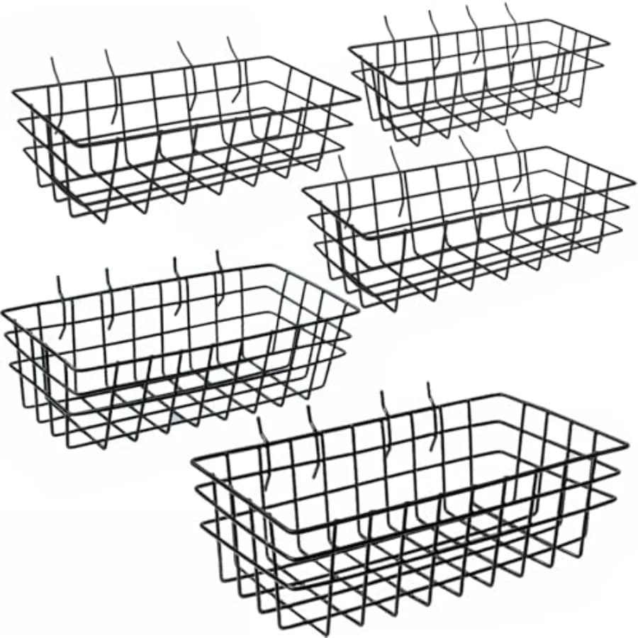Set di 5 Cestini per Pannello Forato - Accessori Organizzatori per Pannello Forato Resistenti, Set di Contenitori Premium in Metallo Nero, Cestini in Filo Metallico per Attrezzi