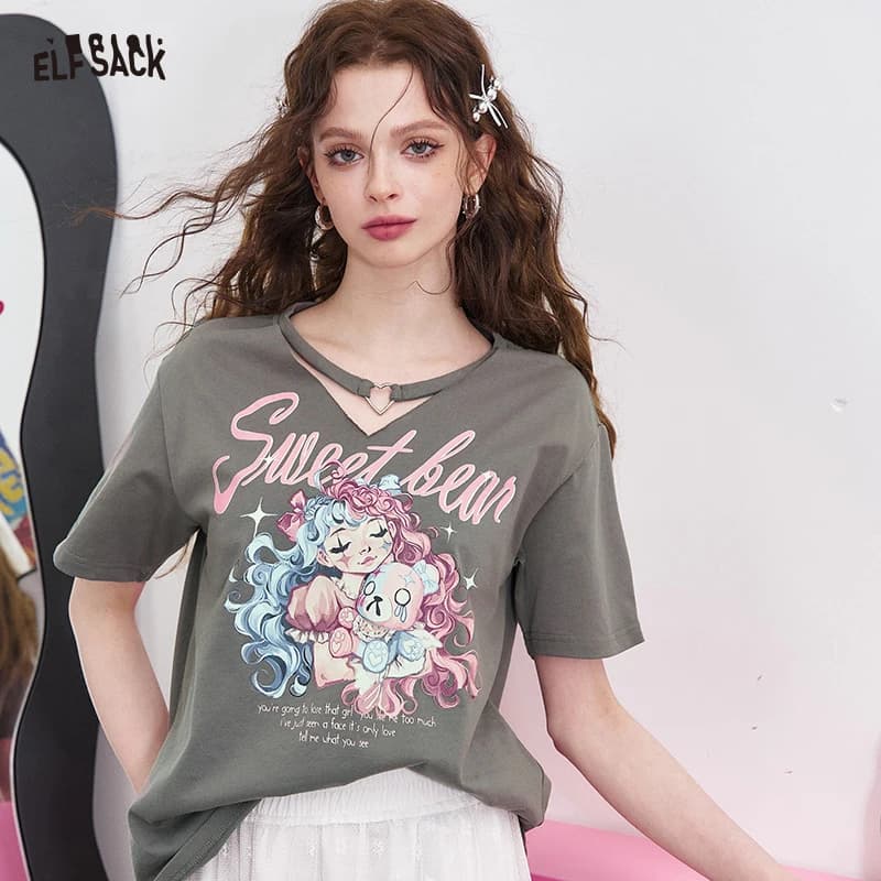 ELFSACK T-shirt a maniche corte con stampa Sweet Bear Girl, girocollo grigio con cuore, per donna