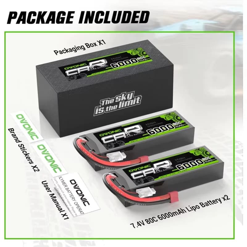 OVONIC 2S Hardcase LiPo Battery 7.4V 6000mAh 80C, Deans T Plug RC Battery for 1:8 Scale RC Car, Airplane, Helicopter & RC Boat