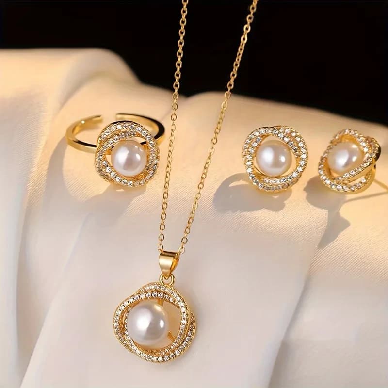 4pcs Elegant Imitation Pearl Necklaces, Rings, Earrings, Suitable for Daily Party and Banquet Jewelry Accessories