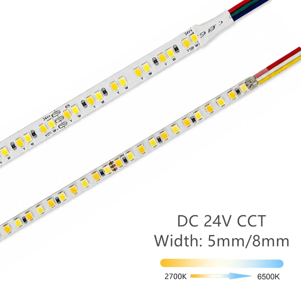 24V Dimmable CCT LED Strip Light 2700K to 6500K Tunable LED Tape Dual Color Linear Light 10 Meters 2835 SMD White and Warm White