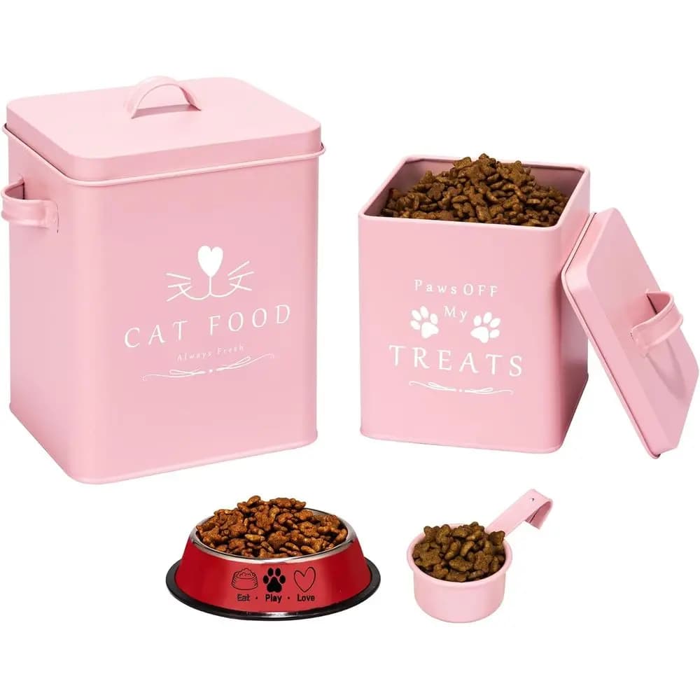 Contenitore per Cibo e Snack per Gatti con Coperchi Ermetici, Paletta e Ciotola, Contenitore in Metallo per Piccoli Animali, Rosa Opaco