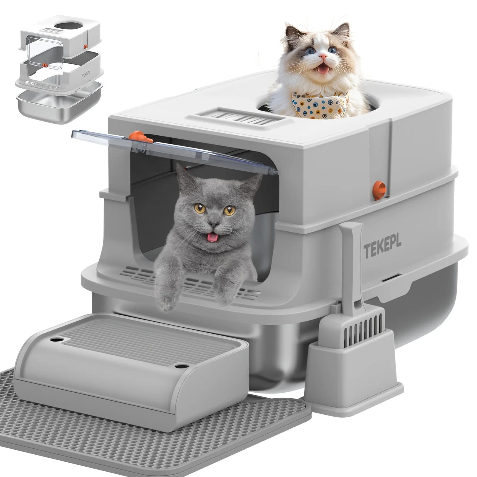 TEKEPL Lettiera per Gatti Extra-Large in Acciaio Inossidabile con Coperchio, Sistema Modulare Semi-Chiuso, Doppio Ingresso con Bordi Alti, Design Antiaderente Facile da Pulire, Tappetino e Paletta per Lettiera, Ideale per Uso Interno, Toilette per Animali Domestici XL di Lusso 2026, Senza Odori, Regalo per la Festa della Mamma