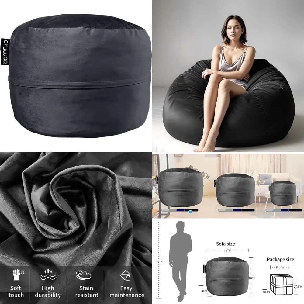 Poltrona Sacco in Memory Foam ad Alto Rimbalzo per Adulti, per Gaming, Lettura e Relax, con Rivestimento Rimovibile, Nera