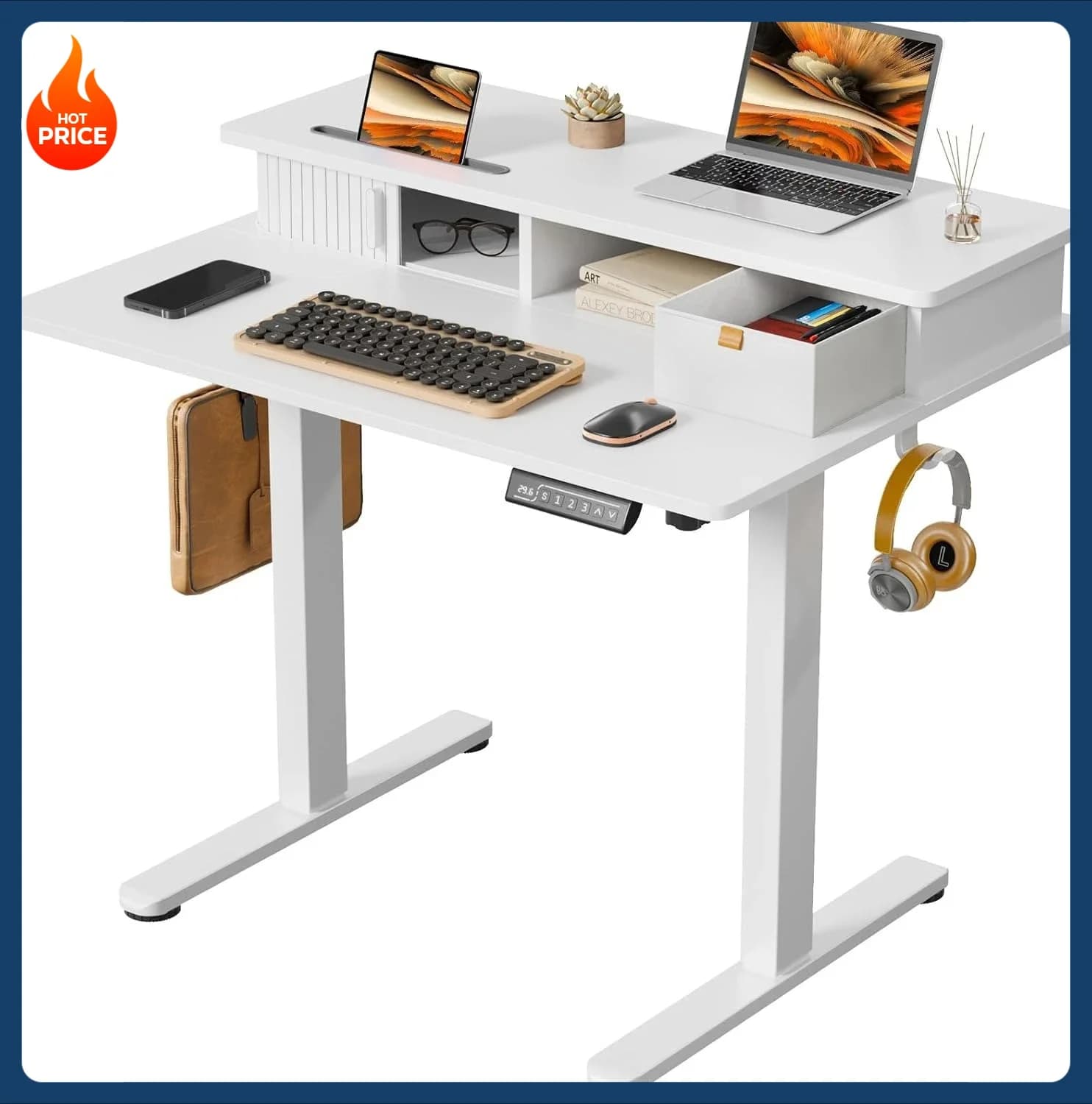 Spedizione Gratuita! Piccola scrivania elettrica regolabile in altezza, scrivania regolabile in altezza da 35 x 25 pollici con supporto per monitor integrato e cassetto portaoggetti, bianco