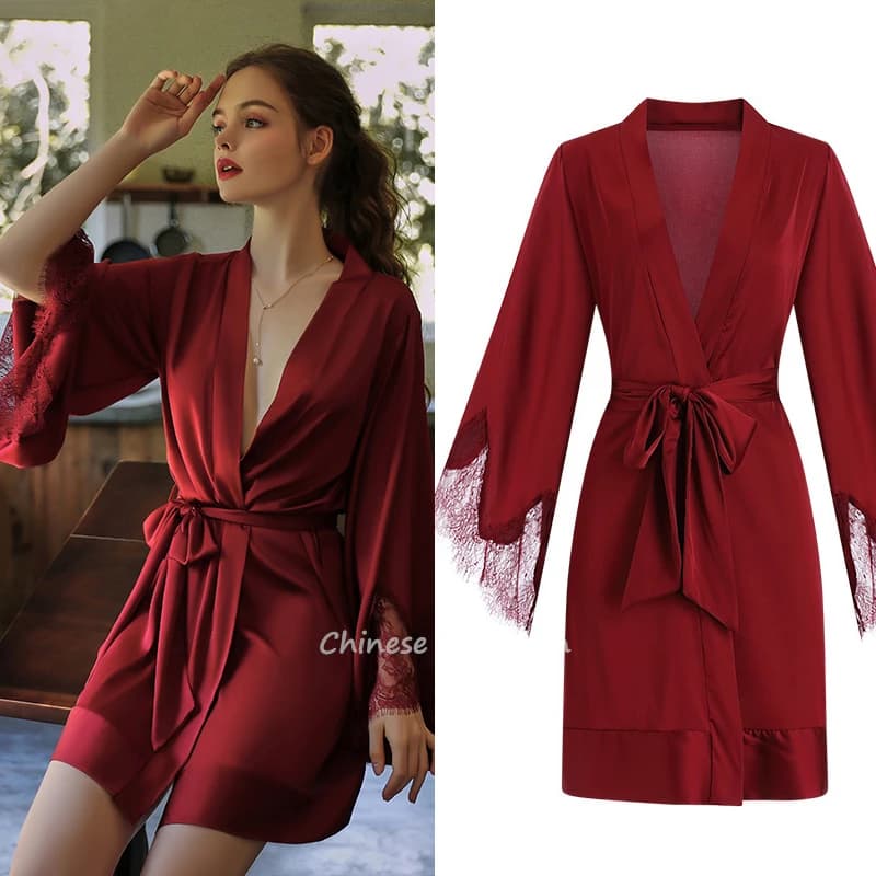 Bride Burgundy Dress Sexy Lace Patchwork Nightwear Women's Soft Satin Pigiama Intimo Lingerie Nightwear Kimono Bathrobe