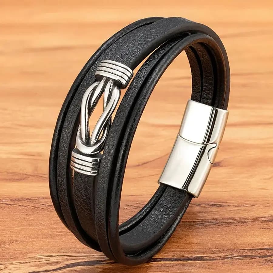 XQNI Bracciale in pelle creativa alla moda Semplice stile etnico Bracciale da uomo con grafica intrecciata multistrato in acciaio inossidabile