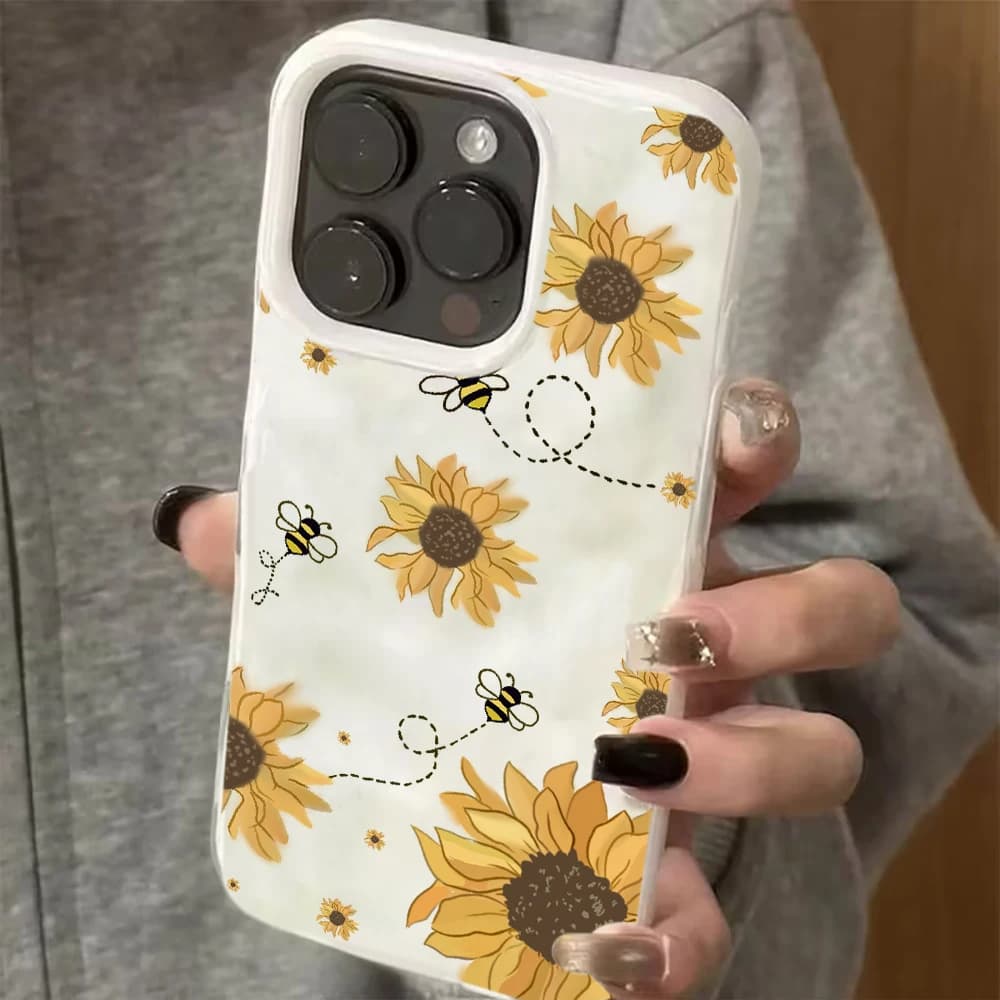 Sunflower Bee Illustration Pattern Phone Case For iPhone 13 12 11 17 16 15 14 Pro Max Plus 17 Air Simple Wrinkled Texture Cover