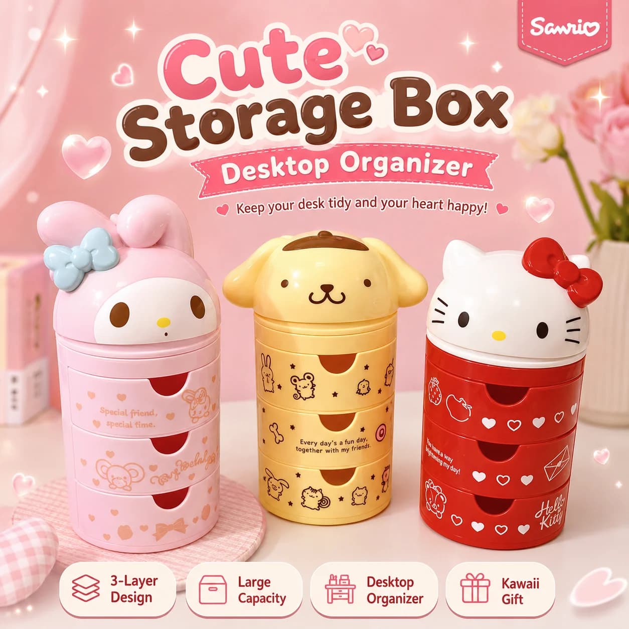 hello kitty anime peripheral cartoon 3-layer drawer storage box my melody cute cat makeup box kawaii birthday gift for women