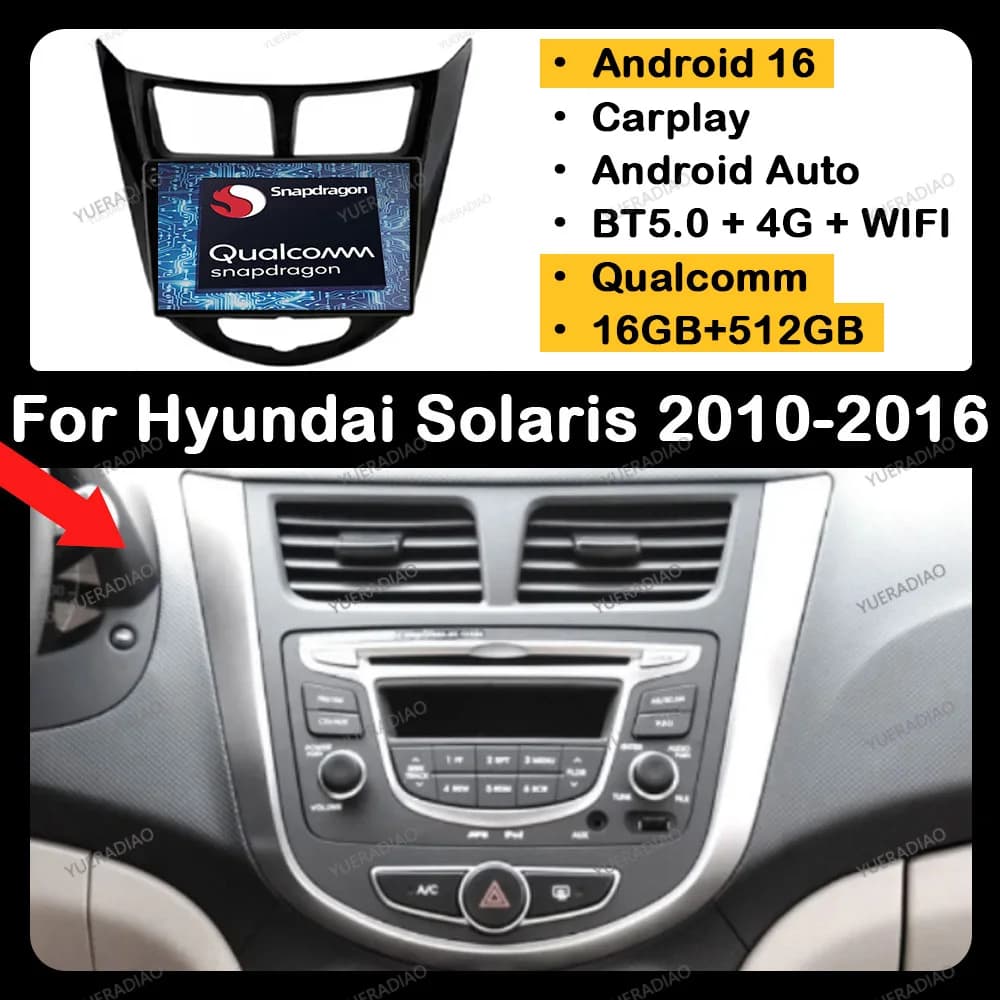 Android 16 Car Radio For Hyundai Solaris Verna Accent 1 2010 - 2016 QLED 4G LTE 5G WIFI GPS NAVI BT Multimedia Video Player 2DIN