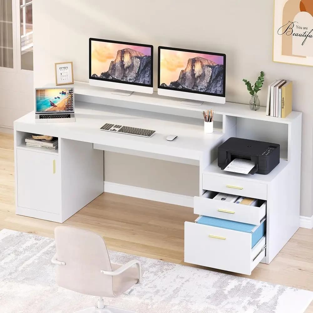 White Modern Desk for Home Office with 3 Drawers, Storage Pads, Monitor Support and Printer shelf