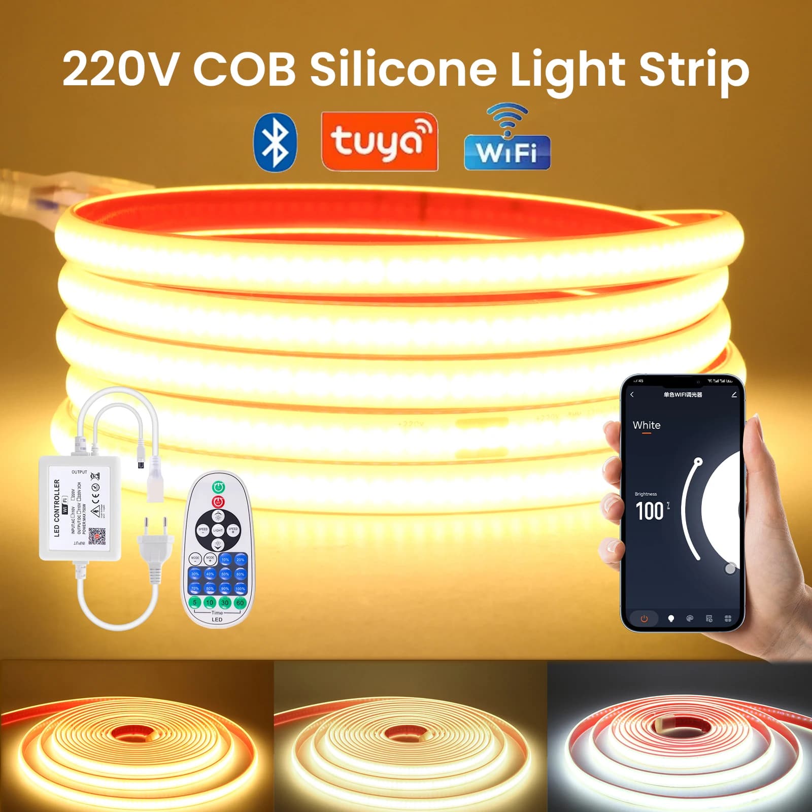 Tuya WiFi Bluetooth 220V Dimmerabile COB LED Strip Light Nastro flessibile 288LED Densità lineare IP67 Luce a corda impermeabile