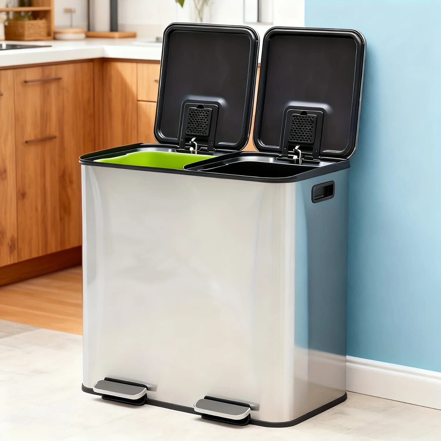 2×40L Cestino per Rifiuti da Cucina in Acciaio Inossidabile con Coperchio | 2 secchi interni rimovibili, pedale a chiusura graduale, resistente alle impronte digitali, acciaio inossidabile 410 lucidato, forma rettangolare, apertura a pedale, marca: SMUG per cucina, casa, ufficio