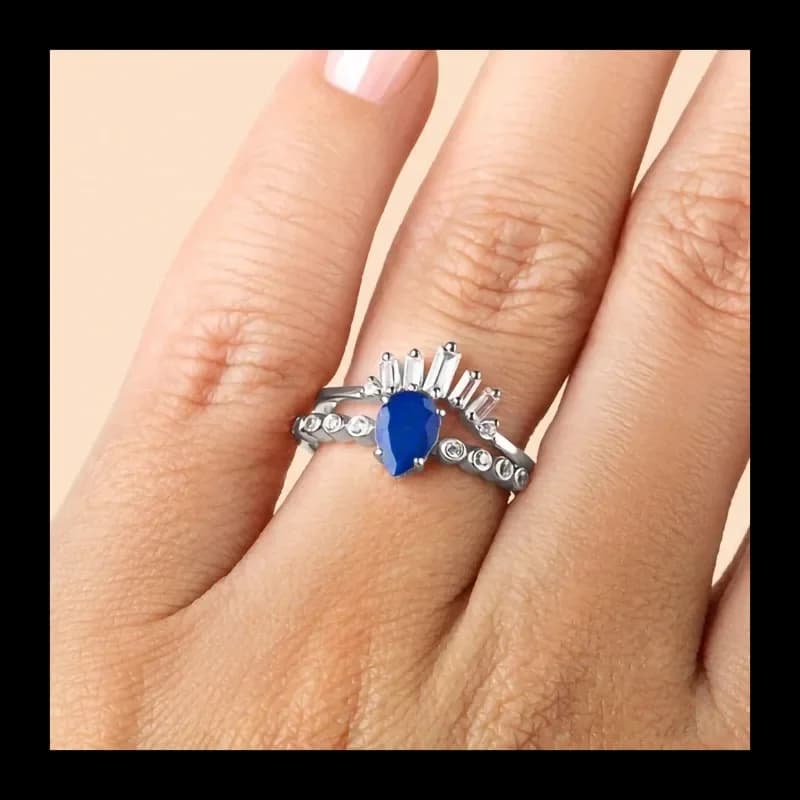 Silver water drop sapphire micro zircon double ring niche design on exquisite jewelry of light luxury