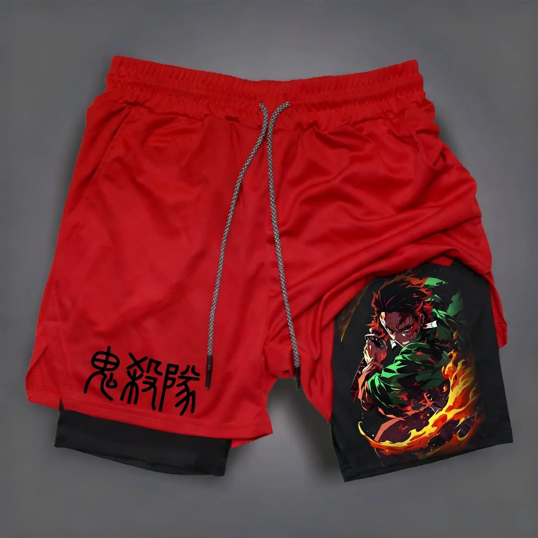 Pantaloncini Sportivi 2-in-1 Demon Slayer Anime Nuovi Stampati a Doppio Strato 2025 Estivi Moda Street Fitness Nuoto Escursionismo