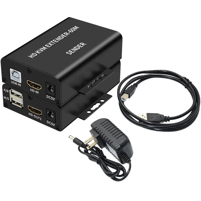 60M HDMI KVM Extender Over Cat6 Ethernet Cable Video Transmitter and Receiver Sender Support USB Keyboard Mouse One Side Power