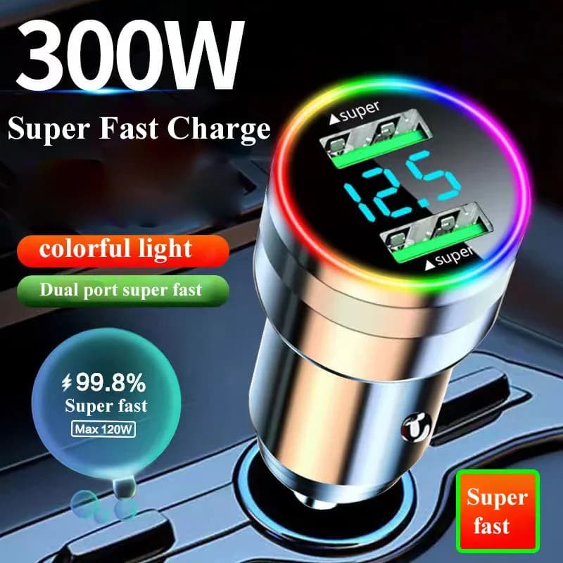 Caricabatteria da auto USB a doppia porta da 300 W con monitor di tensione a luce LED Adattatore per veicolo di ricarica super veloce per iPhone Samsung Huawei OPPO