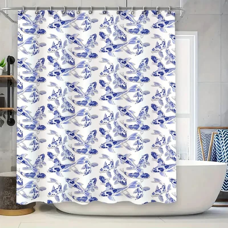 Tenda da doccia con stampa di pesci blu acquerello per la decorazione del bagno, motivo floreale, tessuto impermeabile con ganci.