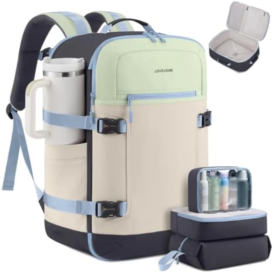 Zaino da viaggio da 50 litri per donna e uomo, zaino da viaggio approvato per il trasporto aereo con 3 cubi per l'organizzazione, borsa per oggetti personali TSA, impermeabile