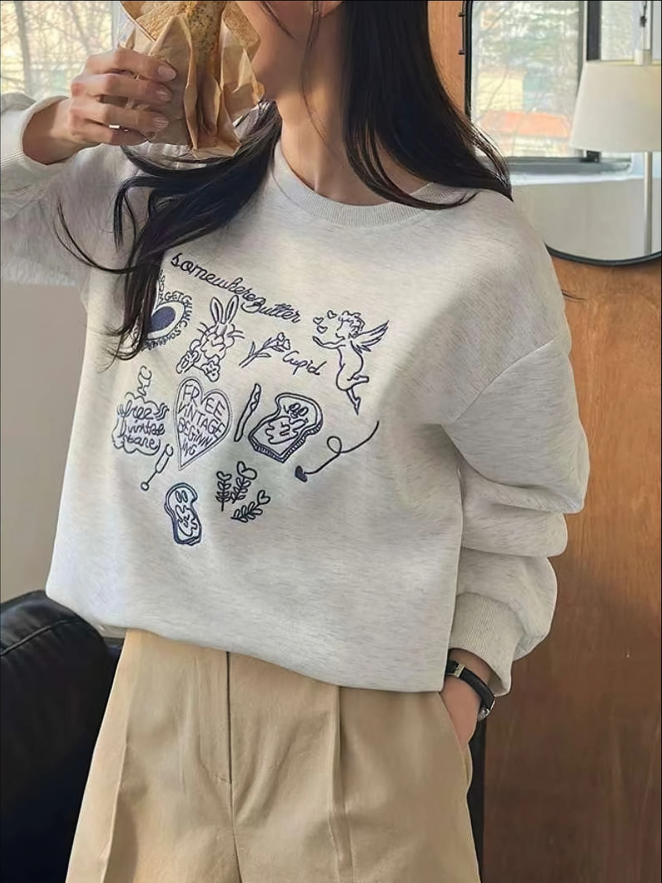 Pullover casual da donna a maniche lunghe Top Fashion Lightgrey Heart Ricamo Coniglio Design Top Lady Felpe con cappuccio larghe Streetwears 2026