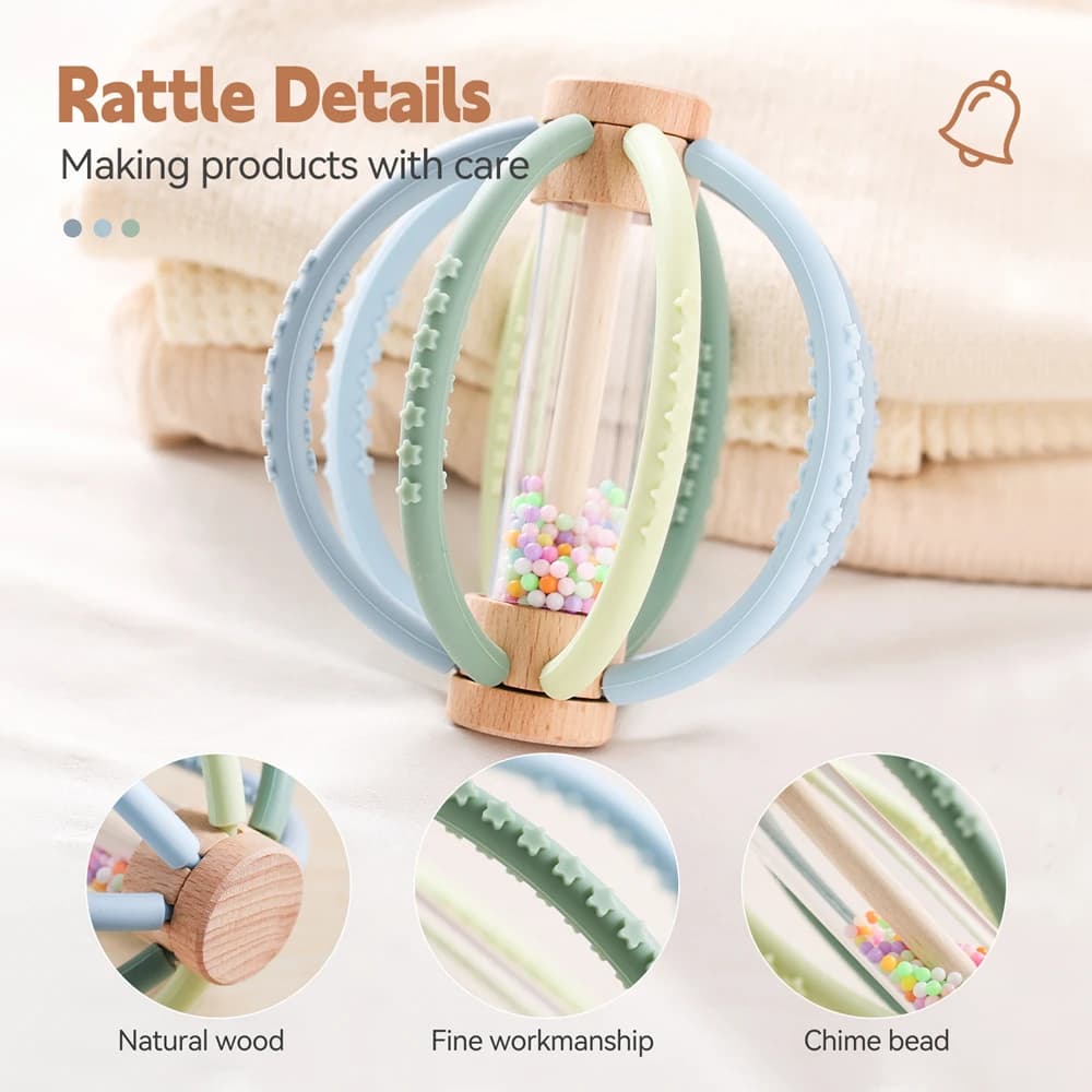 Baby Gift Rattle Toy Wooden Rain Drum With Silicone Silicone Teeth Grinding Rod Baby Toy Multi-Function Newborn Sensory Touch