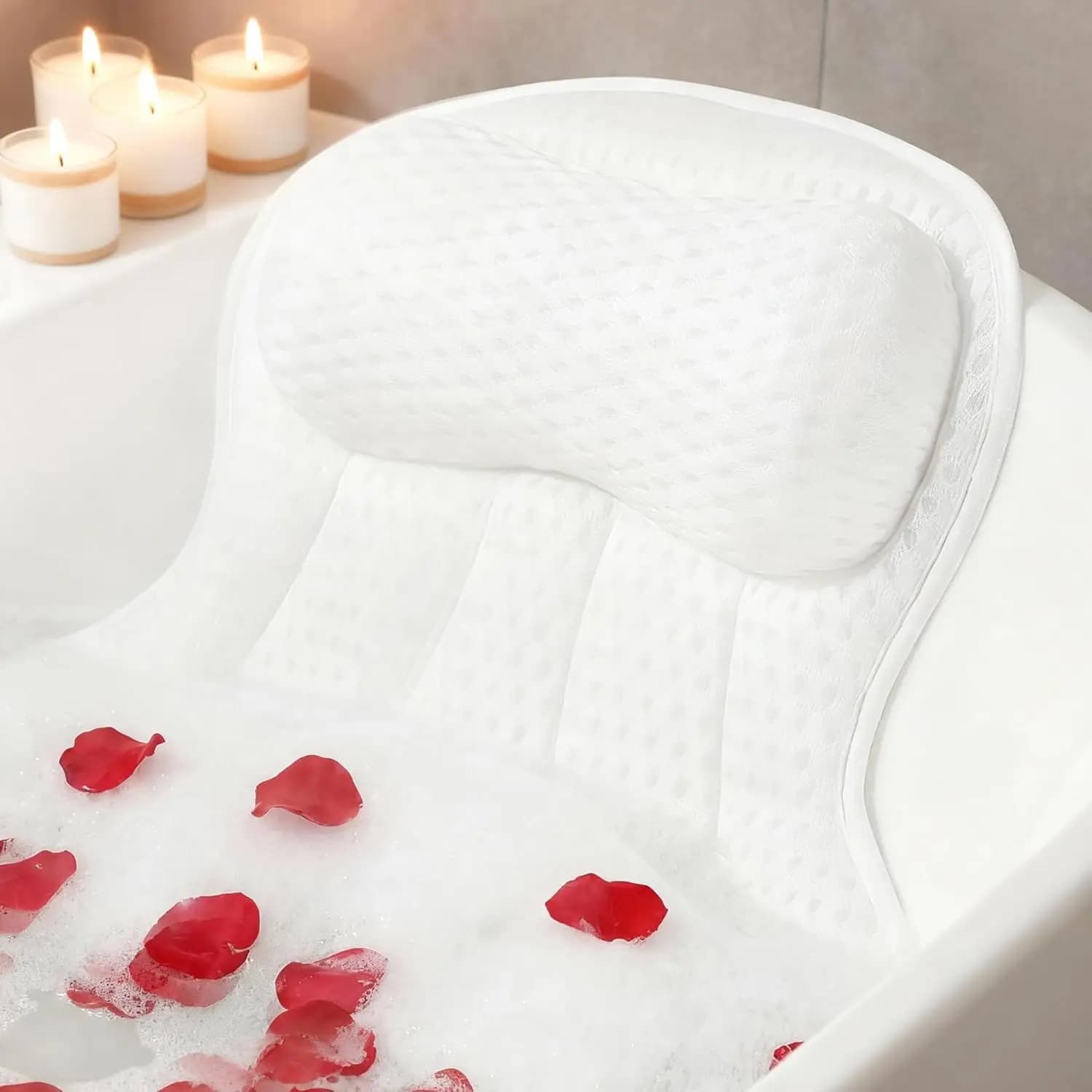 Cuscino ergonomico per vasca da bagno con rete 4D e ventose per supporto testa, schiena e collo - Adatto a tutte le vasche (Bianco)