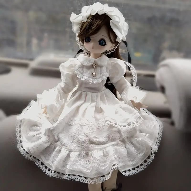Elegant White Victorian Lace Doll Dress with Big Bow Headwear for 30Cm 45Cm 60Cm Bjd Doll Decor & Shooting Kawaii
