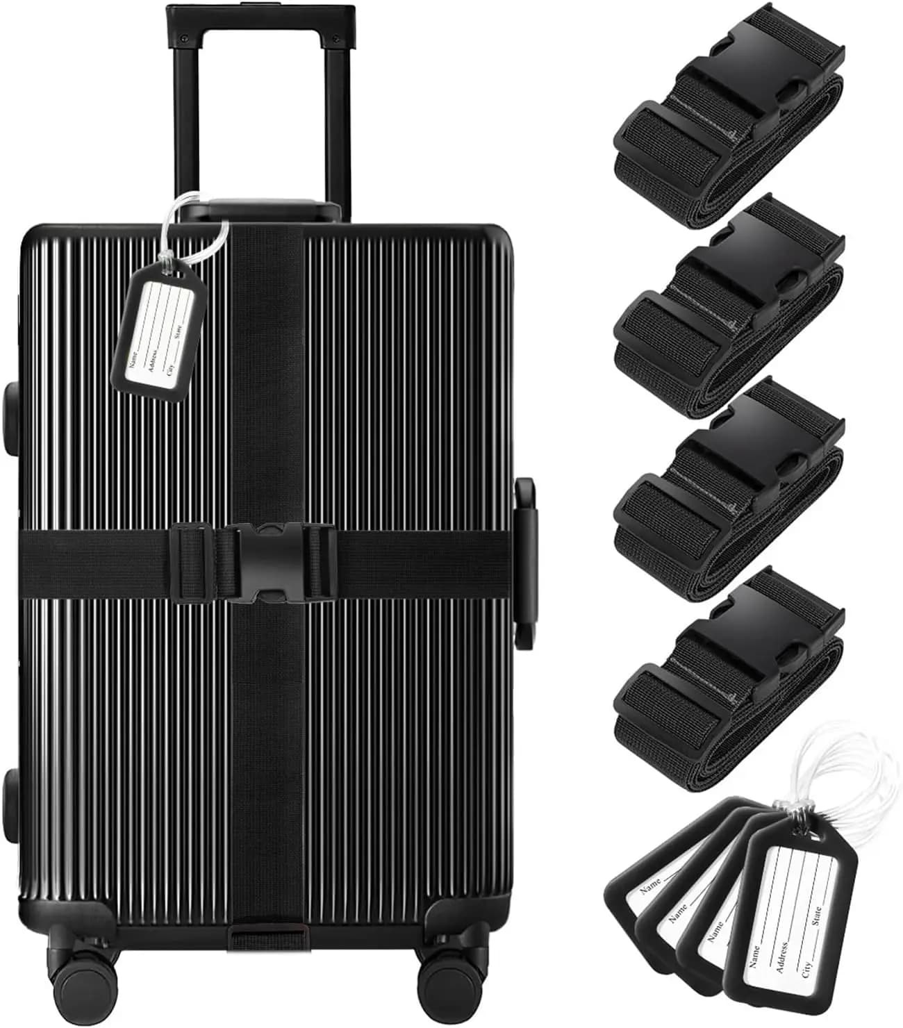 Set di 8 Cinghie e Etichette per Bagagli: 4 Cinghie Regolabili, 4 Etichette Colorate, Approvato TSA per Viaggi Sicuri