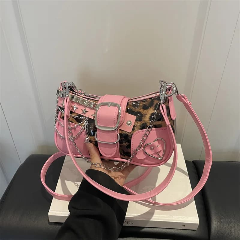 Y2k Leopard Pu Shoulder Underarm Bags for Women Versatile Cool Hot Girls Chain Crossbody Bag Lock Design Portable Ladies Handbag