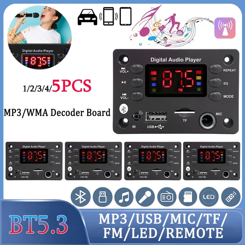 5-1PCS Bluetooth 5.0 MP3 Scheda di decodifica WMA 9V 12V Modulo lettore musicale senza fili Lossless Supporto USB TF FM Mic Radio Altoparlante per auto