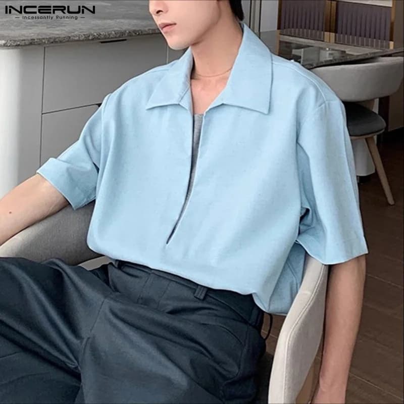 INCERUN Camicia da uomo Risvolto Manica corta Solido Casual Abbigliamento da uomo Allentato Stile coreano Streetwear Camicie Moda Maschile Magliette e camicette S-5XL
