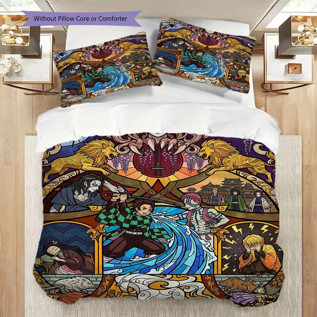 Printed Duvet Cover Set with Demon Slayer Pattern & Pillowcase Daily Bedroom Bedding Ornament-kwq323