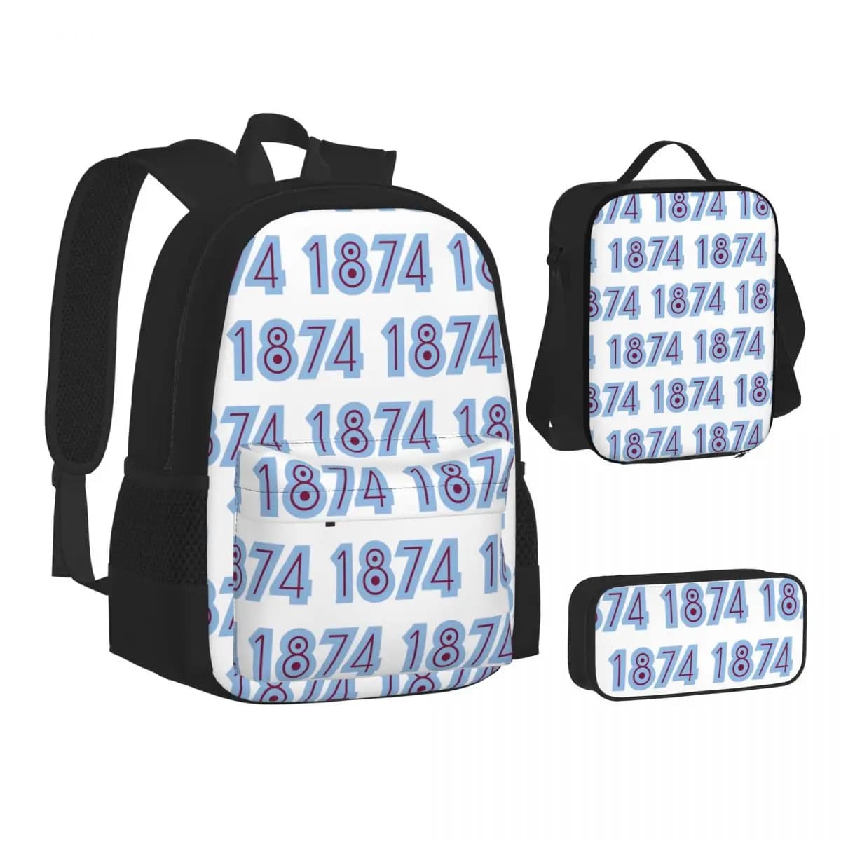 Zaini Aston Villa 1874 per ragazzi e ragazze, borsa per libri, borse scolastiche, zaino per bambini, borsa per il pranzo, borsa per penne, set da tre pezzi