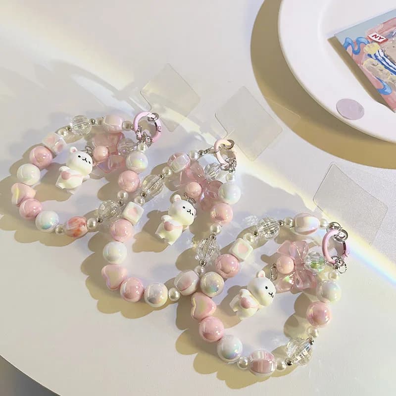 Cartoon Bear Love Beads Chain Mobile Phone Lanyard Short Style Pendant Keychain Pendant Anti-fall Hanging Cord Jewelry Straps