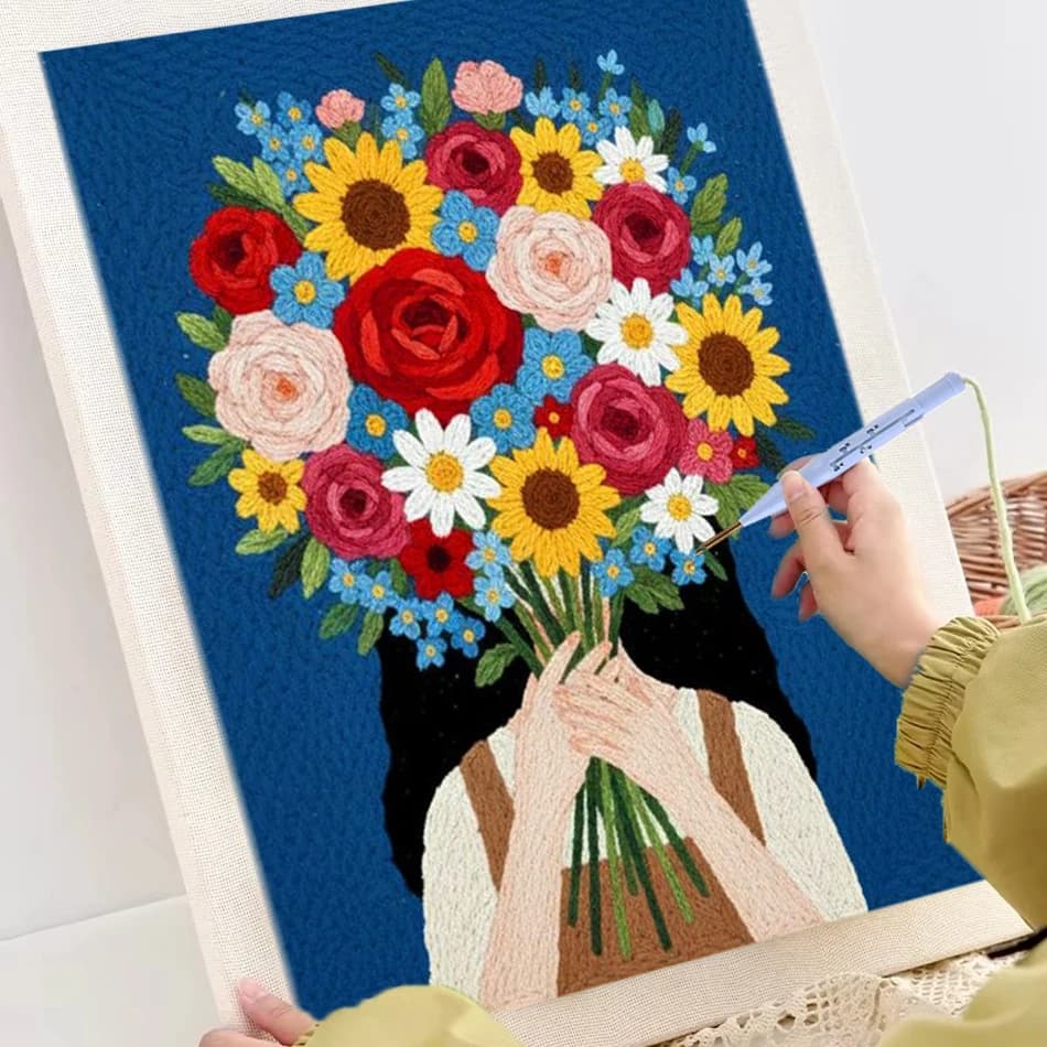Punch Needle Kits for Beginners Cute Flower Girl with Frame Embroidery Punch Needle Starter Craft Set Easy for Adults Wall Art G