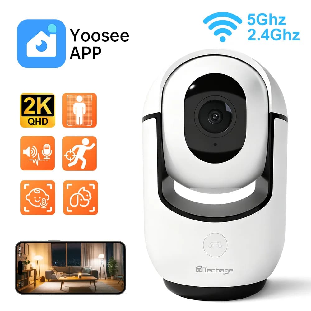 Telecamera di Sicurezza PTZ WiFi Techage 3MP con Rilevamento Pianto/Animale Domestico, Audio Bidirezionale, Allarme Incendio, Monitor Bambino Intelligente AI, Sorveglianza TF Cloud