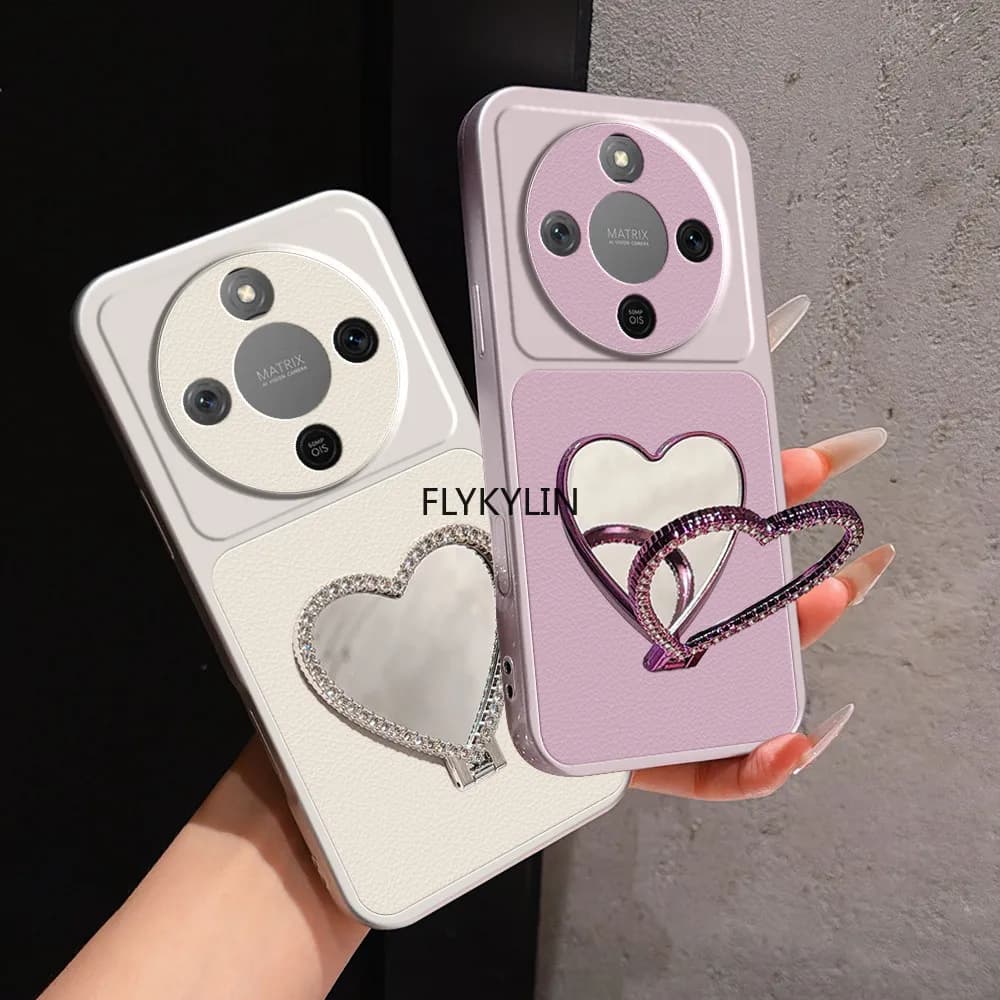 Heart Mirror Stand Bracket Phone Case For Honor X5B X5C X6A X6B X6C X6D X7D X8A X8B X8C X9B X9C X9D PU Lambskin Leather Cover
