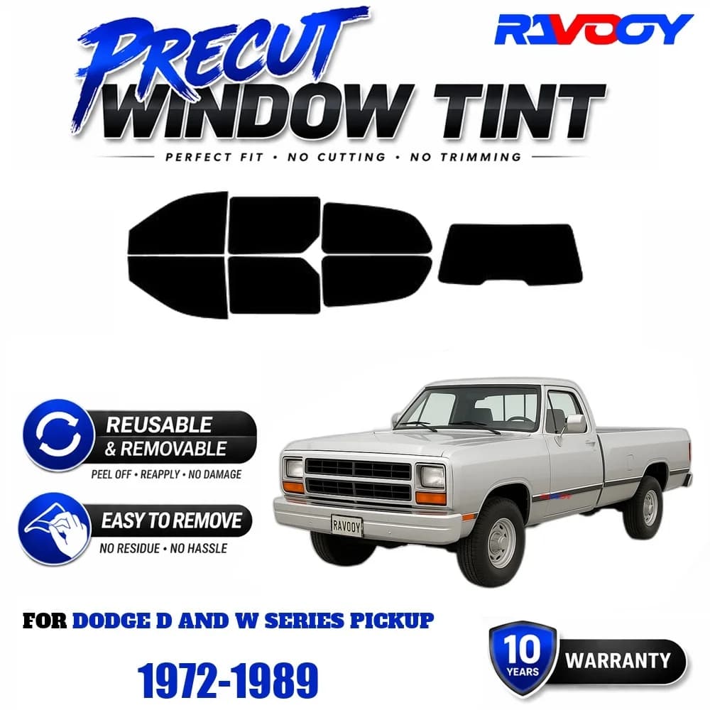 RAVOOY Precut Window Tint, Reusable Removable EPU Film, Custom Fit for Dodge D and W Series Pickup 1972-1989, UV Heat Protection