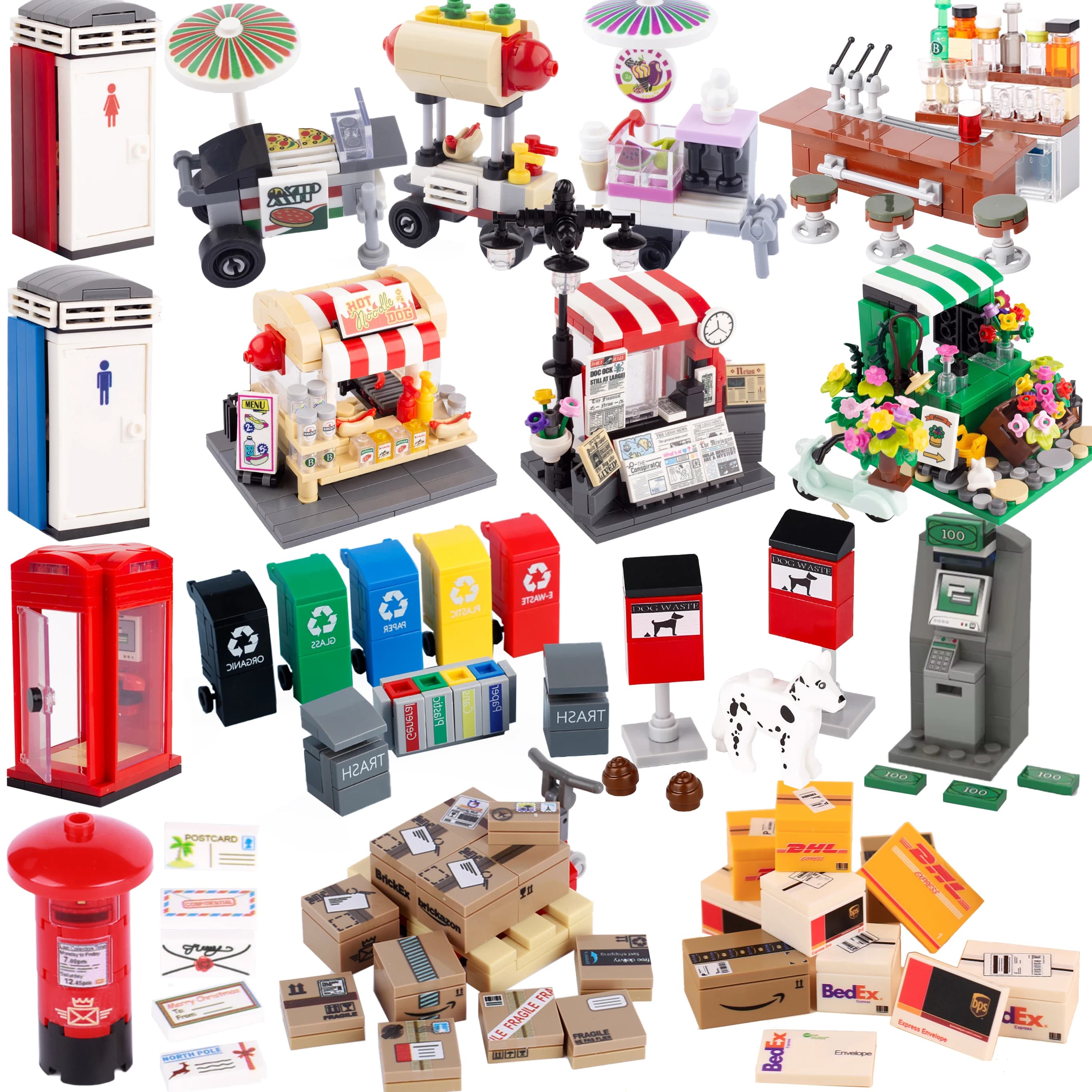 MOC City Steet View Carrello per pizza Caffetteria Giornaliera Building Blocks Kit Toilette Parco Letto di fiori Pizzeria Pattumiera Giocattoli dei mattoni