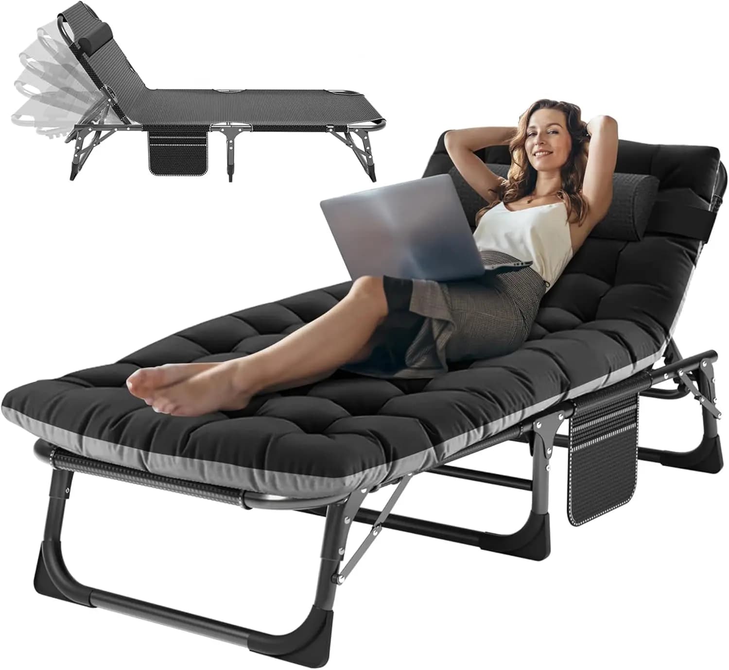 Sedia a Sdraio Pieghevole 3-in-1 con Cuscino Imbottito, Reclinabile Regolabile e Letto per Ospiti, Portata 200 kg, Chaise Longue Portatile Senza Montaggio