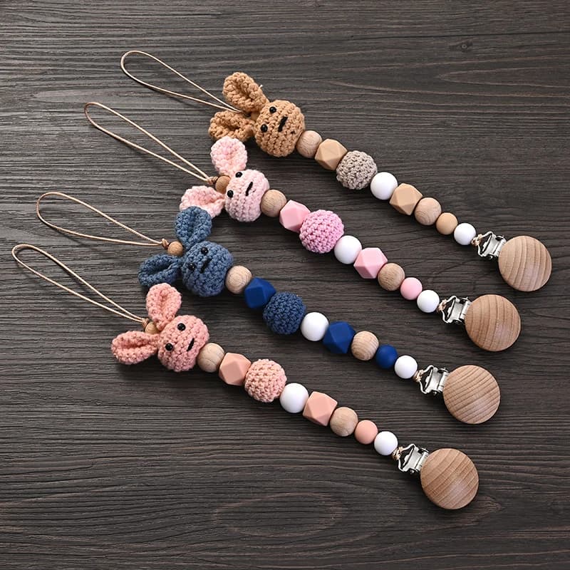 Clip per ciuccio in legno per bambini Catena per succhietto per dentizione in legno all'uncinetto per coniglio per BPA gratuito Giocattolo da masticare per allattamento Catena per porta ciuccio per bambini