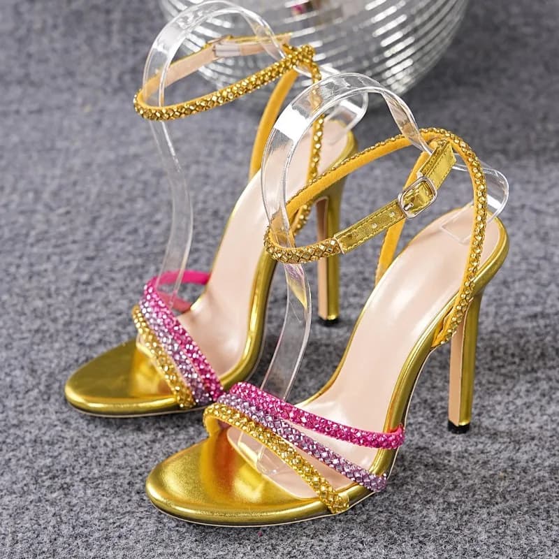 Sandali Estivi da Donna Aneikeh, Sexy con Glitter Dorati e Strass, Tacco a Spillo, Punta Aperta, Cinturino alla Caviglia, Scarpe da Festa