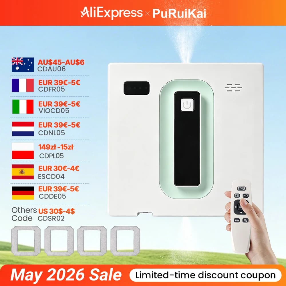 Robot Pulisci Vetri Elettrico Automatico PuRuiKai, con Controllo APP/Remoto, con Annuncio Vocale e Spray Automatico Bidirezionale