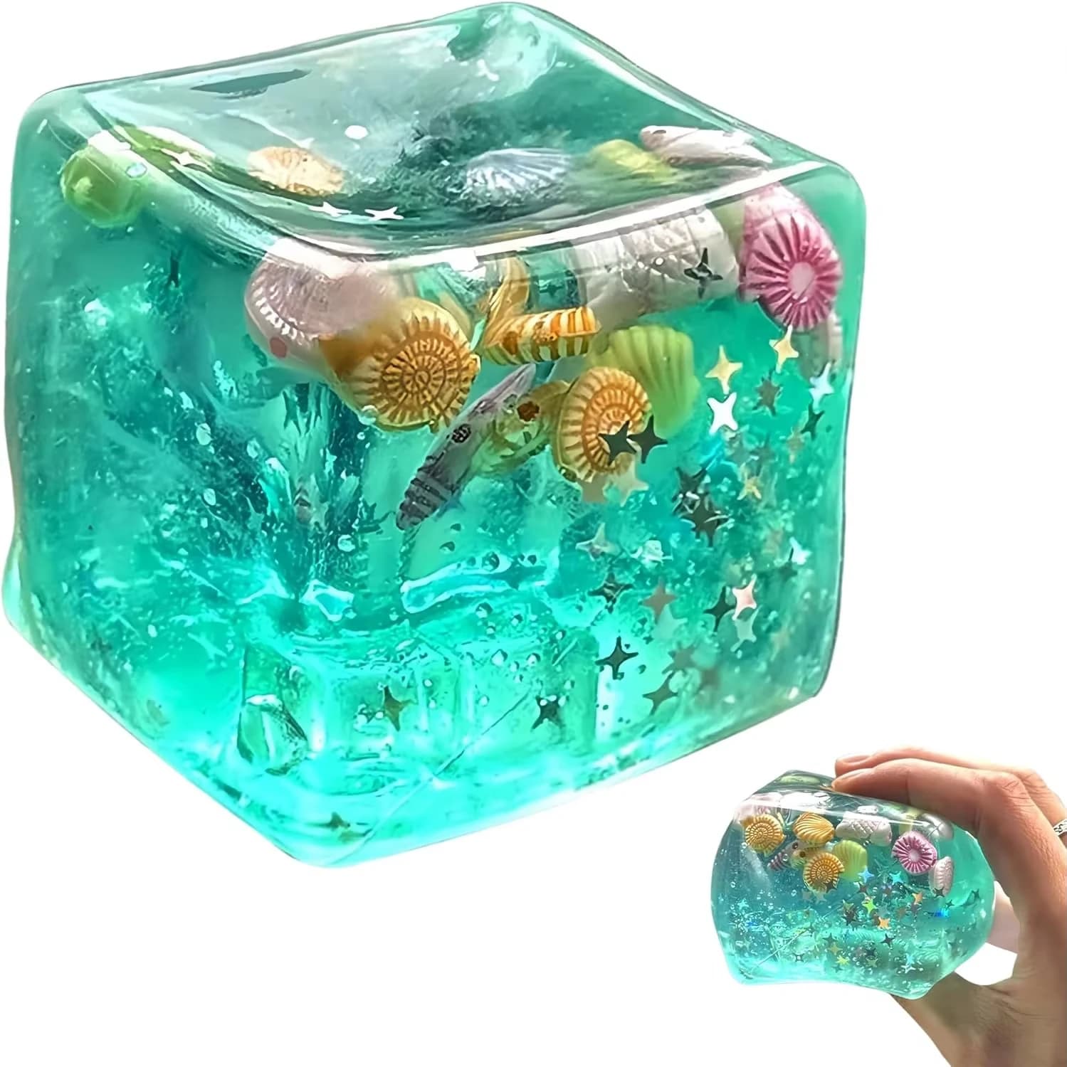 Ice Cube Cube Fidget Toys - Sensory Toys for Kids with Real Sea Shells Squishy Fidget Toy for Kids & Adults Non-Toxic Squeeze